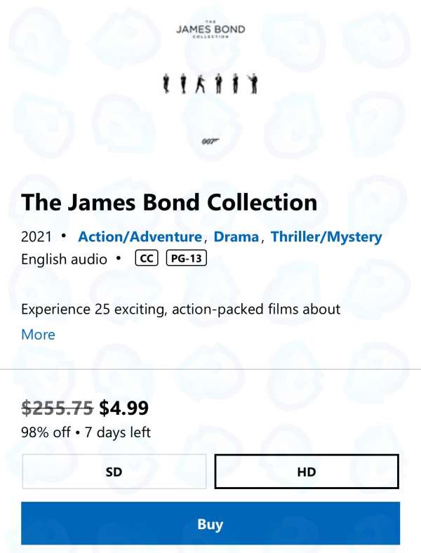 微软商店007电影合集误设折扣价 5美元集齐25部电影